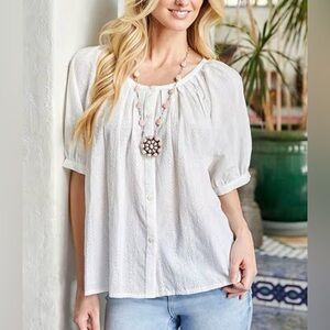 UNBRANDED square neckline gauzy texture short puff sleeve button up NEW size XL